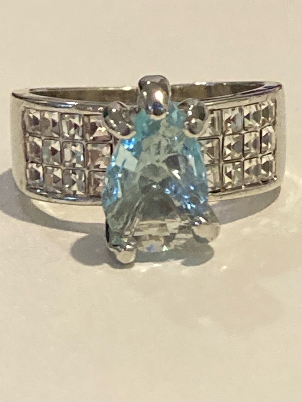 Silver Aquamarine Pear Ring with Pavé Accents